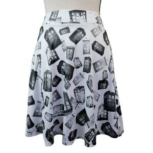 Doctor Who Tardis Skater Skirt Juniors Sz‎ S White Gray Flare Mini Her Universe